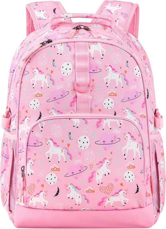 Choco Mocha Unicorn Backpack for Girls, Elementary School Backpack for Girls Ages 6-8 Kids Kindergarten Backpack Bookbag 17 Inch with Chest Strap, Pink-CubbioJoy