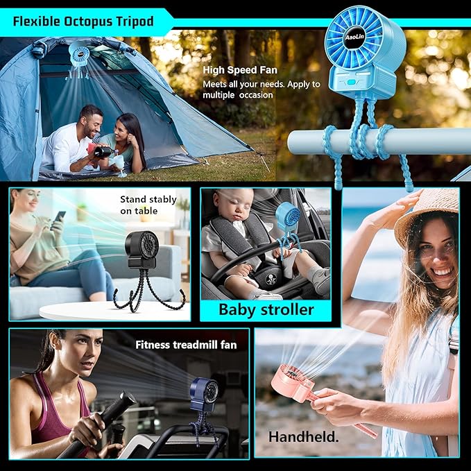 2 Pack Multifunctional Portable Stroller Fan 4 Speed 6600rpm High Speed Usb Rechargeable Personal Mini Handheld Fan Extended Tripod for Desktop Winding Kids Bed Treadmill Bike Golf Cart Outdoor Travel-CubbioJoy
