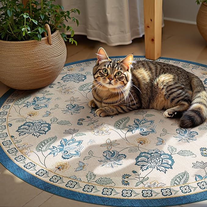 jinchan 5ft Floral Round Rug for Entryway Washable Kitchen Rug Vintage Romance Design Non Slip Indoor Doormat Lightweight Low-Profile Throw Carpet for Living Room Dining Room Bedroom, Blue/Beige-CubbioJoy