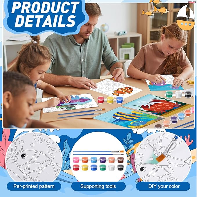 Blosssound 10 Set Pre Printed Canvas Pre Drawn Canvas Painting with Easel Kits 5" x 7" Outline Painting Panels for Beginners, DIY Craft Project, Party Favor, Home Decors(Ocean)-CubbioJoy