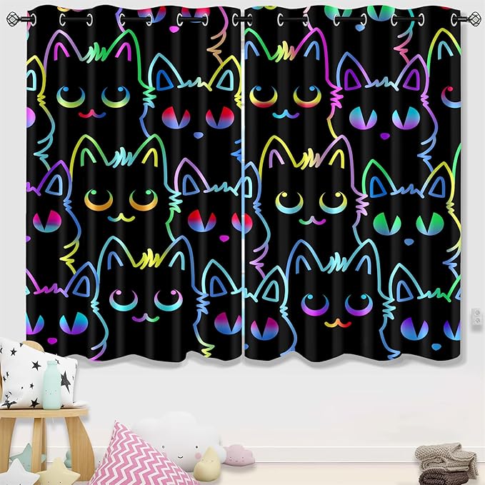Cat Curtain Panels for Girls - 2Pcs Cat Blackout Curtains for Girls Bedroom, 82" W x 63" L-CubbioJoy