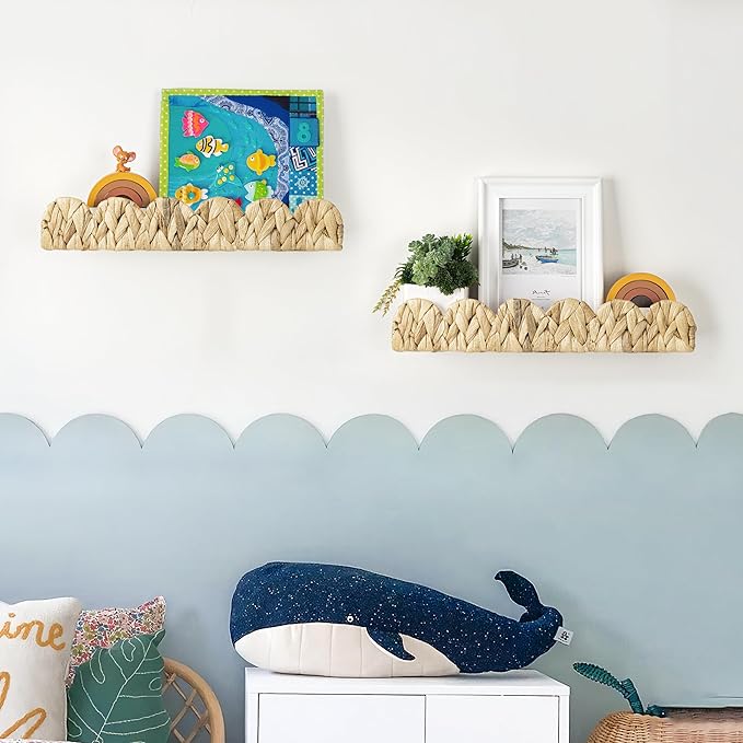 AELS Scalloped Nursery Bookshelf, Set of 2, Picture Ledge Shelf for Wall Decor, Woven Natural Water Hyacinth Floating Shelves for Books, Toys, Photo Frames, Nursery, Boho Modern Farmhouse Book Shelf-CubbioJoy