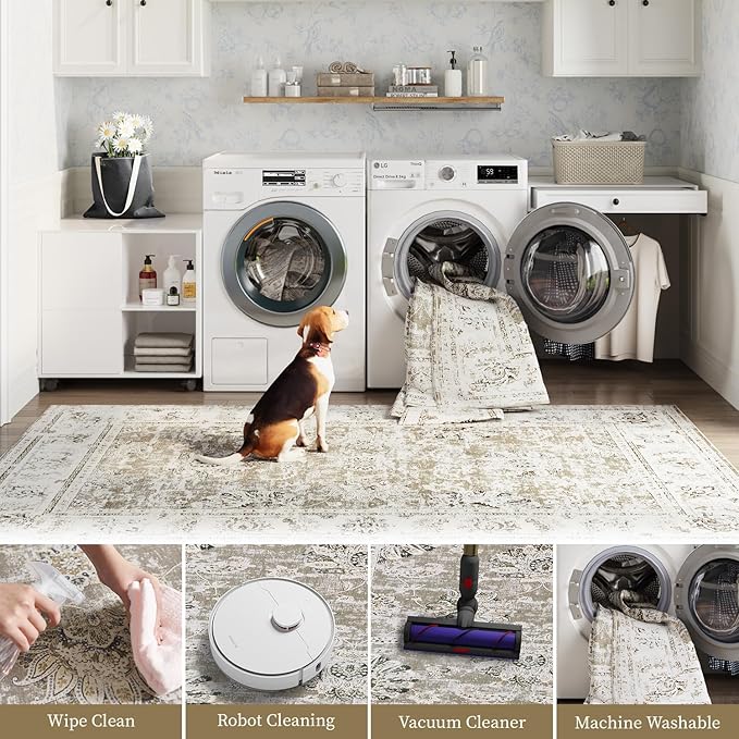 jinchan Runner Rug 3x8-2pcs Kitchen Washable Vintage Hallway Rug Floral Print Floor Cover Indoor Thin Retro Mat Accent for Bathroom Laundry Room Bedroom Office Farmhouse (Double,Taupe)-CubbioJoy