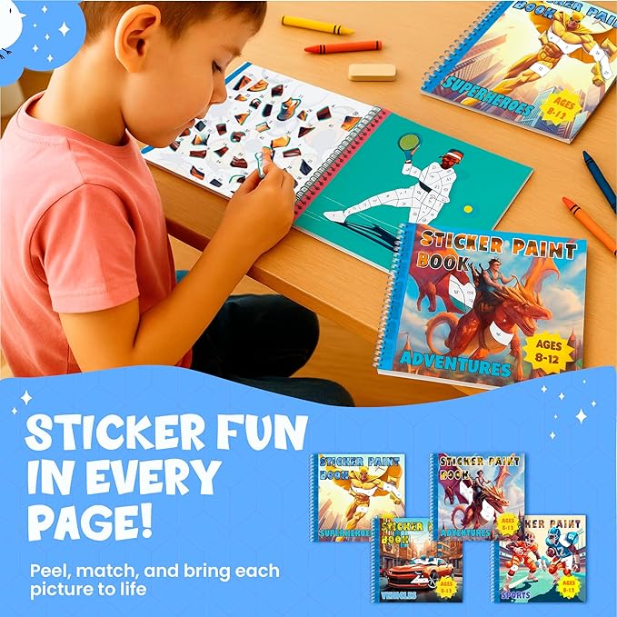 BulbaCraft 4Pcs Sticker Paint Books for Boys - Sticker Books by Number with Superheroes, Sports, Vehicles and Adventures - Coloring Activity for Kids-CubbioJoy