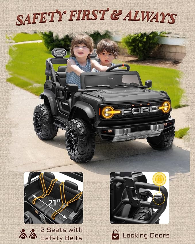 24V Ride on Toys for Big Kids, Licensed Ford Bronco Raptor Electric Car 2 Seater with Remote Control, Kids Ride on Cars w/ 2-Seater, 4.3 Mph Max Speed, Soft Start Function (24V, Black)-CubbioJoy