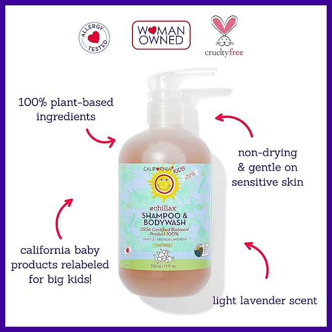 California Kids Chillax Shampoo and Bodywash | 100% Plant-Based | Gentle Skincare | Lavender Shampoo for Kids + Teens | Hypoallergenic Bodywash | 562 mL / 19 oz.-CubbioJoy