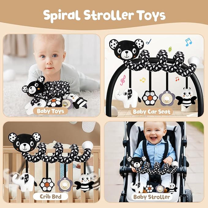Car Seat Toys for Babies 0-6 Months,Hanging Rattle Toys for Crib Mobile, Baby Spiral Hanging Stroller Black and White High Contrast Toys for Newborn 0 3 6 9 12 Months Baby Boys Girls (Bear)-CubbioJoy