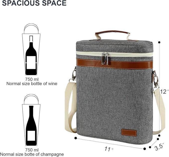 3 Bottle Insulated Wine Tote Carrier Bag, Portable Travel Padded Wine Cooler - Corkscrew Opener, Handle and Adjustable Shoulder Strap, Wine Lover Travel Picnic Party Wedding Wine Tote Grey-CubbioJoy