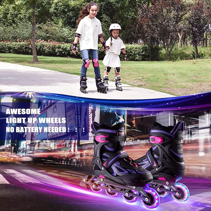 2PM SPORTS Vinal Girls Adjustable Flashing Inline Skates, All Wheels Light Up, Fun Illuminating Skates for Kids Men Adult Women and Boys-CubbioJoy