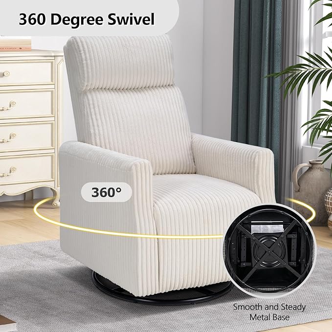 CANMOV Swivel Rocker Chair for Nursery, Swivel Accent Chair with High Back and Arms, Corduroy Glider Chair for Living Room Bedroom Nursery, Beige-CubbioJoy