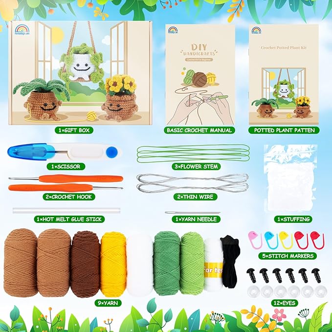 Crochet Kit for Beginners - 3 PCS Potted Plants Crochet Kit with Step-by-Step Video Tutorials, Beginner Crochet Kits for Adults Kids, Potted Plant with Swing Crocheting Set-CubbioJoy