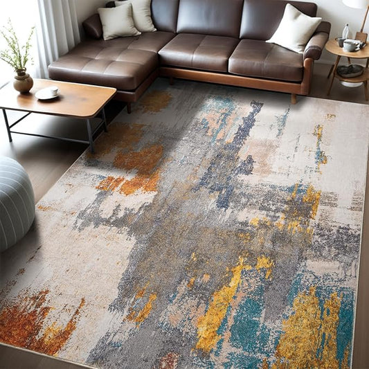 Kelarea Living Room Rug, 6x9 Rug Modern Abstract Washable Rugs Grey Faux Wool Vintage Carpet, Non Slip Rugs for Living Room, Bedroom, Dining Room, Kids Playroom, Home Office-CubbioJoy