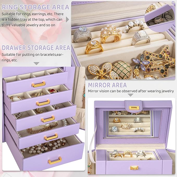 AKOZLIN Jewelry Box Organizer Functional Leather Jewelry Storage Case for Women Girls Ring Necklace Earring Bracelet Holder Organizer with Mirror Purple-CubbioJoy