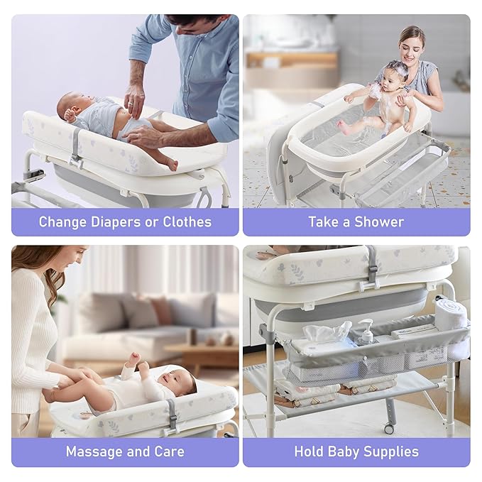 2-in-1 Baby Bathtub with Changing Table, Foldable Diaper Changing Station with 4 Wheels, Waterproof Pad, Storage Rack and Baby Bath Tub, Adjustable Height Portable Nursery Organizer for Newborn Infant-CubbioJoy