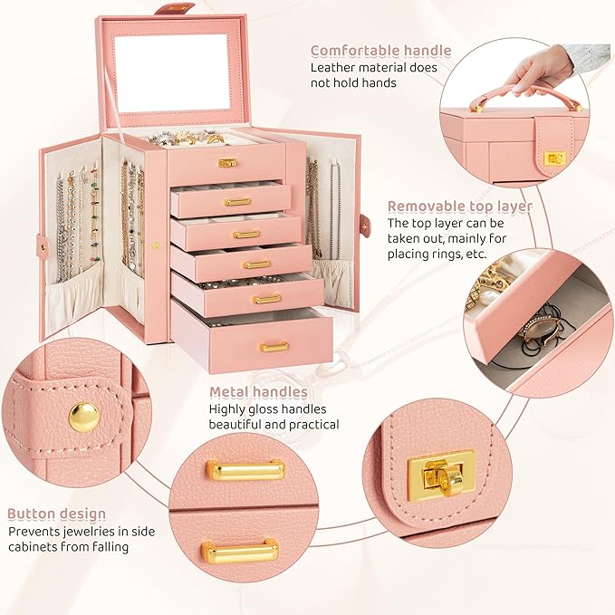 AKOZLIN Jewelry Box Organizer Functional Leather Jewelry Storage Case for Women Girls Ring Necklace Earring Bracelet Holder Organizer with Mirror Pink-CubbioJoy