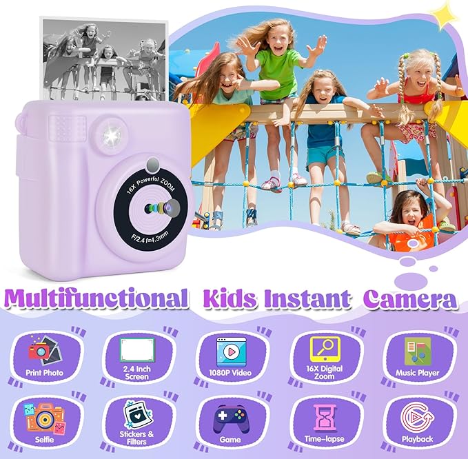 Instant Print Camera for Kids - 2.4 Inch Kids Camera Instant Print with Paper & 32G Card- Digital Children Toys as Christams Birthday Gifts for Girls Boys Age 3-12 - Purple-CubbioJoy