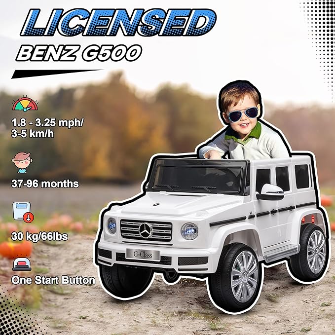 Aosom 12V Kids Electric Car, Mercedes Benz G500 Licensed Battery Powered Ride on Truck for Kids with Remote Control, Headlights, Music, Suspension & Storage for Boys and Girls, White-CubbioJoy