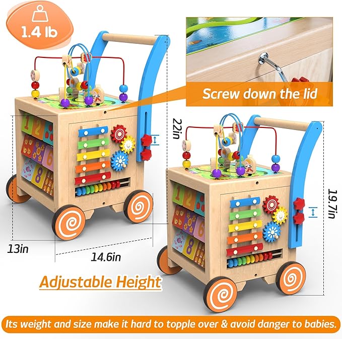 9-in-1 Wooden Activity Cube | Wooden Baby Walker, Sit-to-Stand Learning Walker Activity Center, Early Educational Push & Pull Toys for Baby Toddler Boys Girls, Height & Brake Adjustable-CubbioJoy