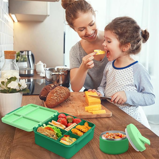 Bento Lunch Box with 8oz Soup Thermo, Kids Leakproof Lunch Food Containers with 4 Compartment, Kids Thermo Insulated Hot Food Jar for School, Trvael-Green-CubbioJoy