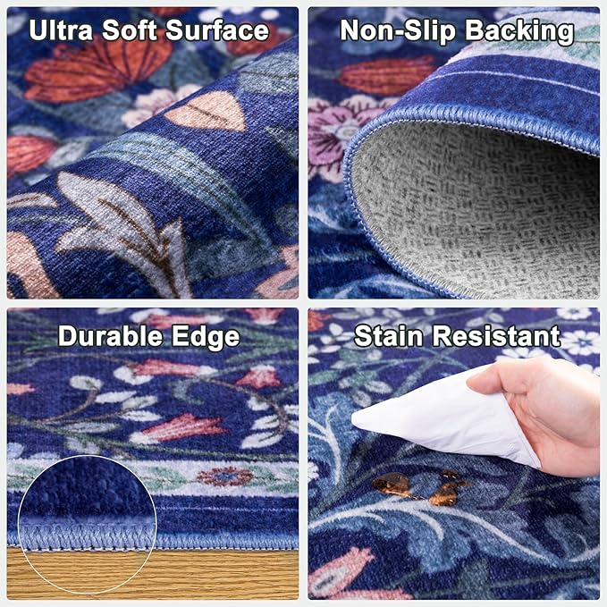 8x10 Area Rugs for Living Room: Floral Washable Rug Vintage Large Soft Boho Non-Slip Carpet Indoor Floor Stain Resistant Carpets for Bedroom Dining Room Farmhouse Nursery Home Office Blue-CubbioJoy