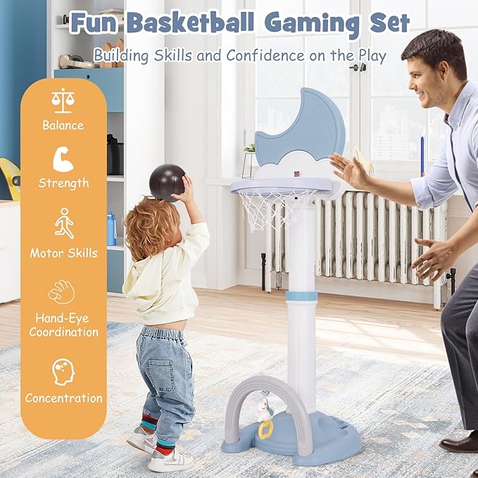 Costzon Kids Basketball Hoop with Electronic Scoreboard Cheer Sound, 4 in 1 Height Adjustable Toddler Basketball Hoop with Soccer, Golf, Ring Toss Game for Indoor Outdoor, Gift(Light Blue Moon)-CubbioJoy