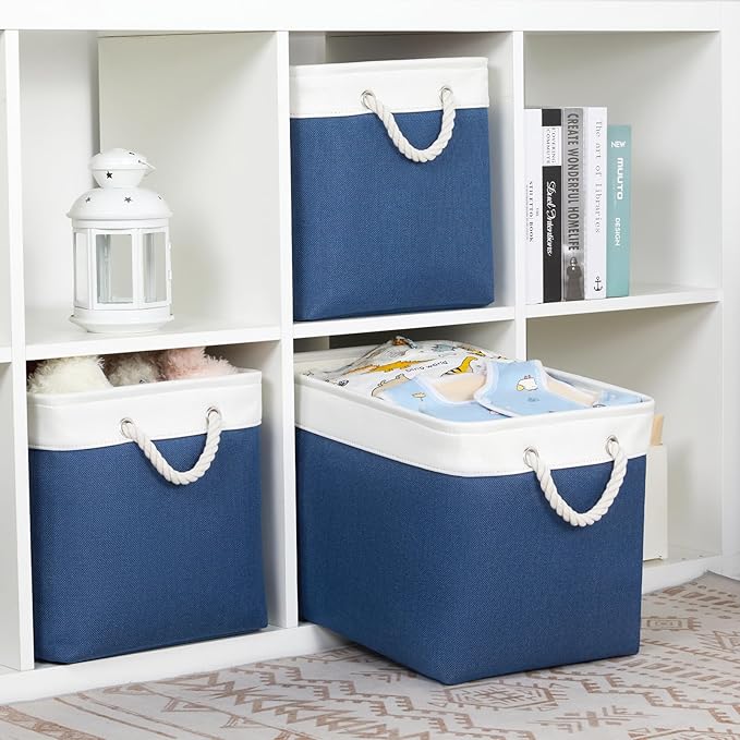 Bidtakay Large Storage Baskets for Shelves 3 Pack Fabric Storage Bins for Organizing Navy Blue Decorative Baskets Linen Collapsible Organizer for Closet-CubbioJoy