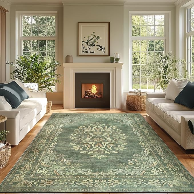 jinchan Green Floral 8x10 Area Rugs for Living Room - Machine Washable Vintage Distressed Design Soft Throw Rug Non-Slip Large Carpet for Bedroom Nursery Dining Room Home Office (8x10ft,Dark Green)-CubbioJoy