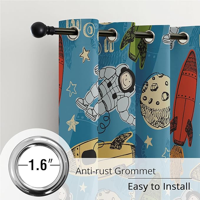 Kids Astronaut and Rocket Blackout Curtains - 100% Blackout, Thermal Insulated, Noise Reducing, Bring The Cosmos Closer to Your Kid’s Room, 2 Panels (Moonbound Adventure, W52×L84)-CubbioJoy