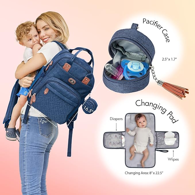 Dikaslon Diaper Bag Backpack with Portable Changing Pad, Pacifier Case and Stroller Straps, Large Unisex Baby Bags for Boys Girls, Multipurpose Travel Back Pack Moms Dads, Peacock blue-CubbioJoy