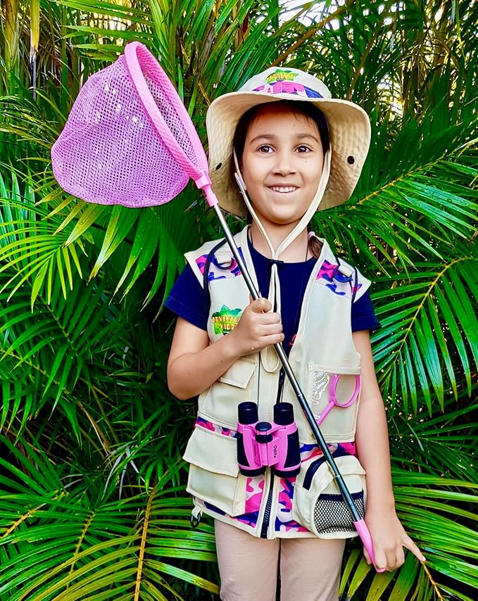 Bug Hunting Kit, Pink Safari Vest, Hat, Binoculars, Lg. Butterfly Net, Bug Container, Whistle, Flashlight, Magnifier, Thermostat, Compass, Age 3+-CubbioJoy