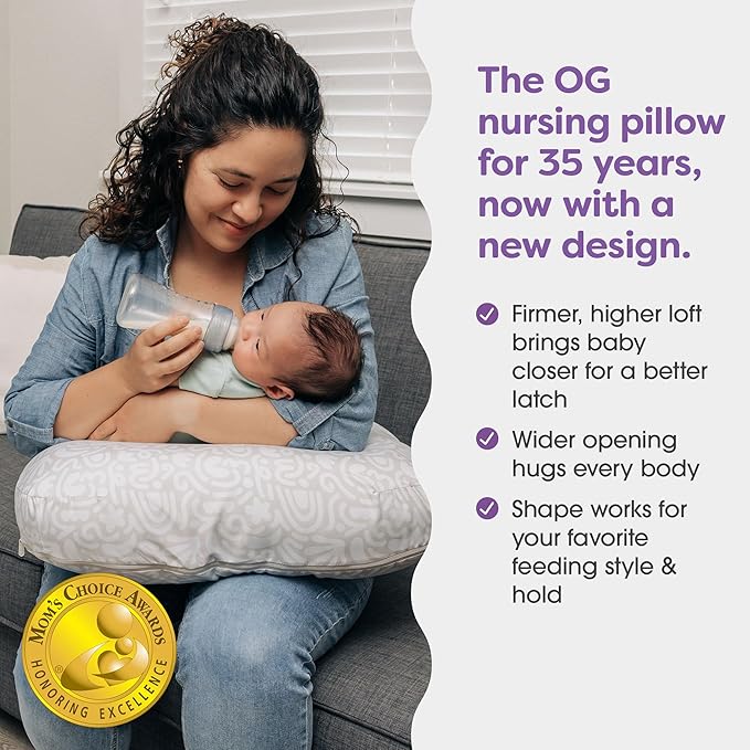 Boppy Nursing Pillow - Ergonomic Bottle & Breastfeeding Pillow with High, Firm, Large Area, Water-Repellent Cushion with Washable Cover; Baby Safety Alliance Verified - Cream Retro Squiggles-CubbioJoy