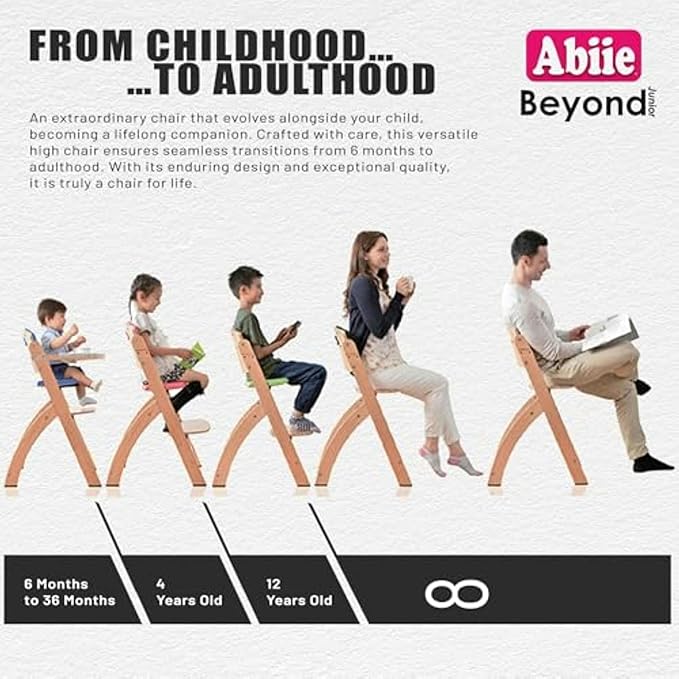 Abiie Beyond Junior Wooden High Chair with Tray - Adjustable and Convertible High Chair for Babies and Toddlers - 6 Months to 250 Lb - Water Resistant - Natural Wood/Dove Grey Cushion-CubbioJoy