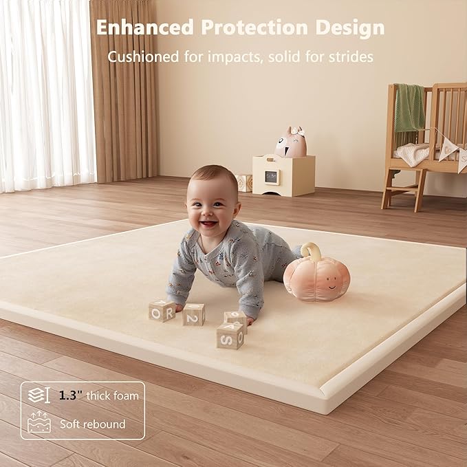 Baby Play Mat for Floor, 1.3'' Thick Memory Foam Tummy Time Mat - Super Soft Coral Velvet Nursery Rug with Non-Slip Backing, Crawling Mat for Toddlers/Infants, Yoga & Tatami Use, 50''x 50''-CubbioJoy