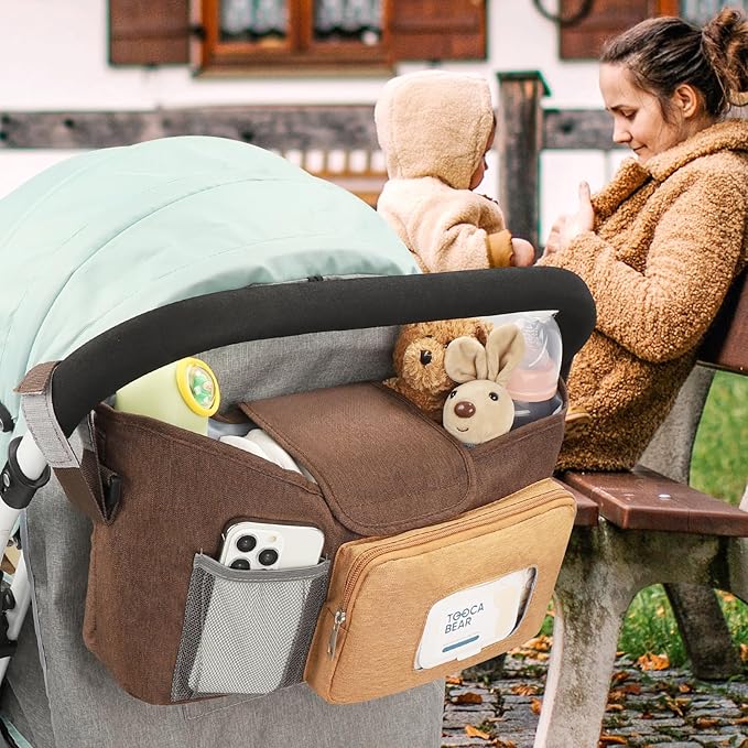 Accmor Universal Stroller Organizer with Insulated Cup Holder, Stroller Caddy Bag Accessories, Stroller Cup Holder Organizer for Uppababy Baby Jogger Britax Stroller, Brown-CubbioJoy