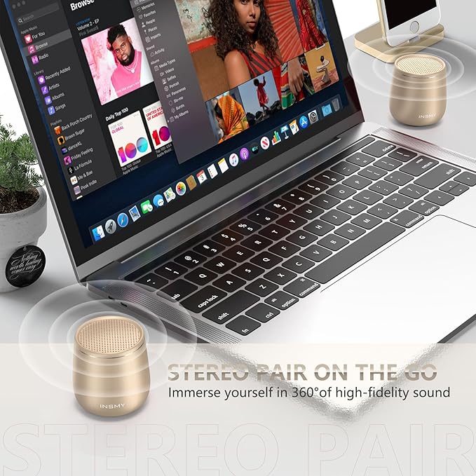 INSMY Small Bluetooth Speaker, Waterproof Mini Portable Wireless Speaker, Punchy Bass Rich Audio Stereo Pairing, Handheld Pocket Size,Built in Mic for Hiking Biking Gift Laptop Tablet (Gold)-CubbioJoy