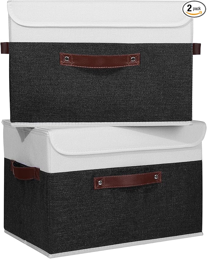 ANMINY 2PCS Storage Boxes with Lid Washable Decorative Storage Bins Basket with PU Leather Handle Foldable Linen Fabric Storage Cubes Containers for Home Closet Organizer - Black White, Large Size-CubbioJoy