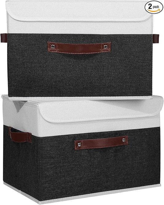 ANMINY 2PCS Storage Boxes with Lid Washable Decorative Storage Bins Basket with PU Leather Handle Foldable Linen Fabric Storage Cubes Containers for Home Closet Organizer - Black White, Large Size-CubbioJoy