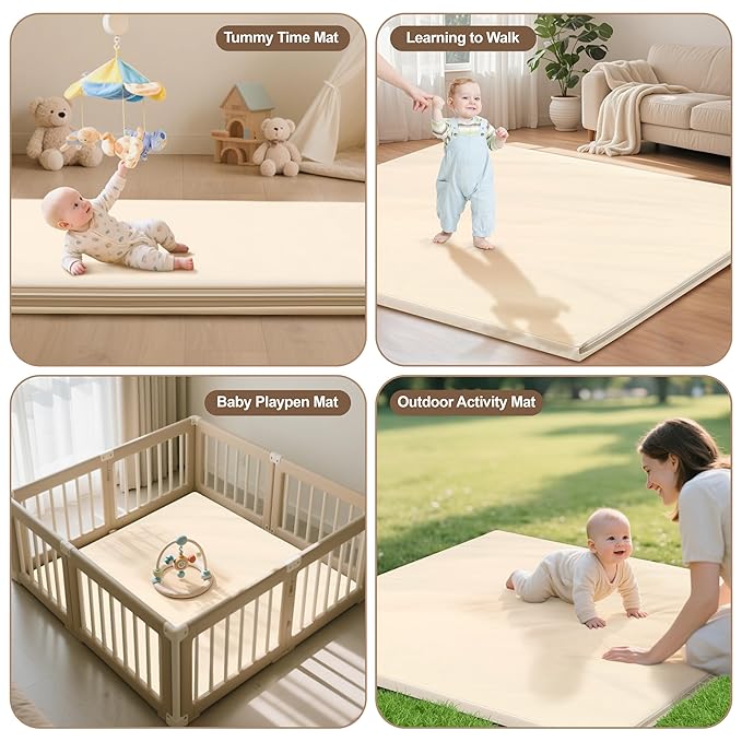 Baby Play Mat 47x47 Inches, Extra Thick 1.2" Foam Floor Mat for Tummy Time & Crawling, Waterproof Non-Slip Faux Leather Playpen Mat for Infants Toddlers, Indoor Outdoor Gym Activity, Beige-CubbioJoy