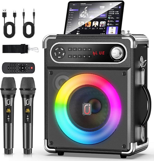 Karaoke Machine with 2 Wireless Microphones,【Upgraded 6.5"Woofer & 2"Tweeter】Portable Bluetooth 5.3 Karaoke Speaker, PA System with Bass/Treble/Echo Adjustment, Supports USB/AUX/TF/TWS for Home Party-CubbioJoy