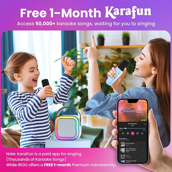IROO Mini Karaoke Machine for Kids, 2025 TOP Toys Birthday Gifts Ideas for Girls Ages 4, 5, 6, 7, 8, 9, 10, 12+ Years Old, Portable MP3 Player with 2 Wireless Mics for Party-CubbioJoy