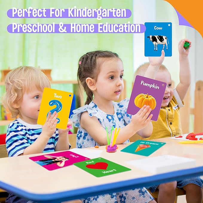 50 PCS Early Learning Flashcards, 7 in 1 Double Sided Cards- Alphabet, Numbers, Foods, Animals, Shapes, Colors with 2 Reclosable Rings, Learning Tool for Pre-K Kindergarten Toddlers-CubbioJoy
