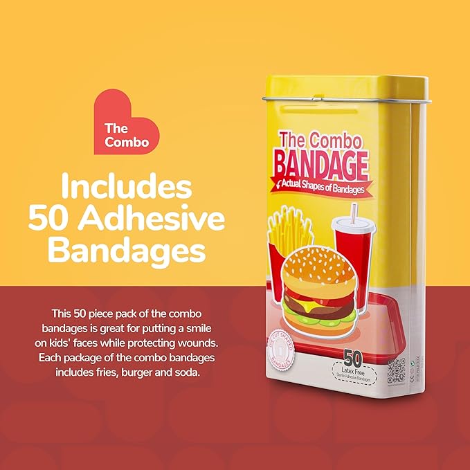 BioSwiss Bandages, Combo Meal Shaped Self Adhesive Bandage, Latex Free Sterile Wound Care, Fun First Aid Kit Supplies for Kids, 50 Count-CubbioJoy
