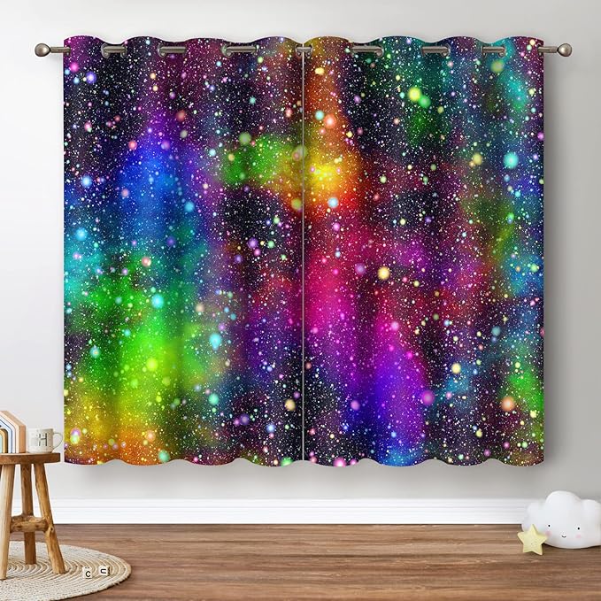 Jekeno Galaxy Blackout Curtains Kids Boys Girls Bedroom Outer Space Universe Nebula Starry Sky Colorful Stars Decor Decoration Grommet Window Drapes 2 Panel Set, 52"x63"-CubbioJoy