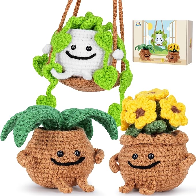 Crochet Kit for Beginners - 3 PCS Potted Plants Crochet Kit with Step-by-Step Video Tutorials, Beginner Crochet Kits for Adults Kids, Potted Plant with Swing Crocheting Set-CubbioJoy