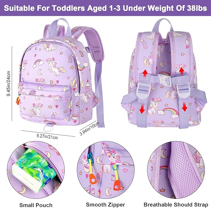 Accmor Toddler Backpack Leash with Anti Lost Wrist Link, Cute Mini Child Walking Harnesses Keep Kids Close Back Pack Rope Tether Rein for Baby Boys (Purple/Unicorn)-CubbioJoy