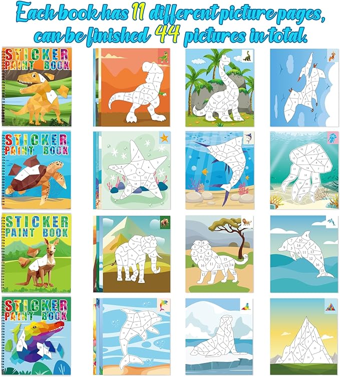90shine 4PCS Sticker Books for Kids Ages 4-8 Includes Underwater Pet Dinosaur Rainbow Themed Multiple Designs Party Gift Create 44 Pictures-CubbioJoy