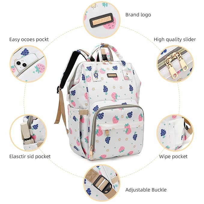 Diaper Bag Backpack, Diaper Bags for Baby Girls Boys, Baby Bags for Moms Dads, Nappy Changing Bag with Insulated Pockets,Multi-functional Waterproof Backpack with Stroller straps-Berry White-CubbioJoy