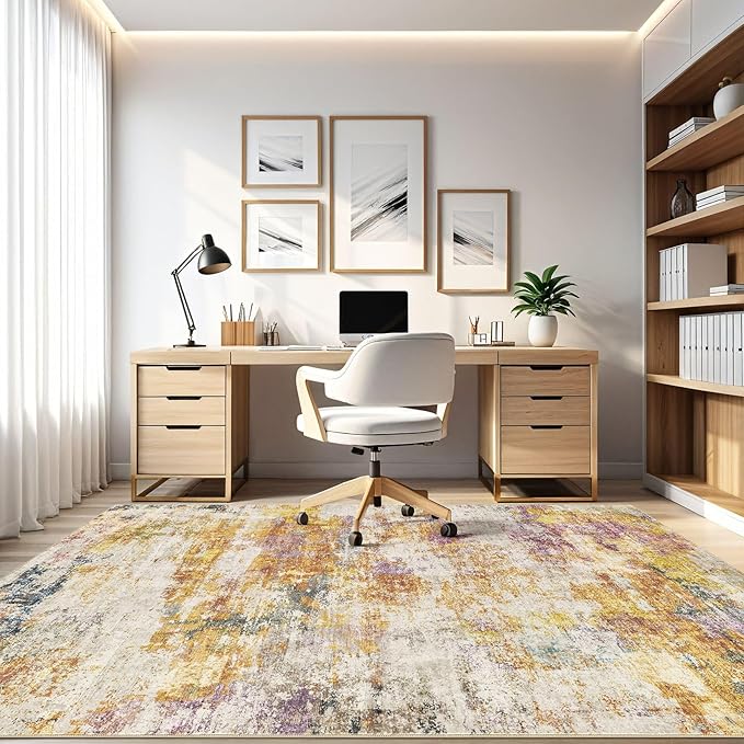 9x12 Area Rugs Living Room: Machine Washable Large Abstract Modern Soft Rug Stain Resistant Indoor Floor Non Slip Accent Carpet for Bedroom Nursery Playroom Office Dining Room Dorm- Gold Colorful-CubbioJoy