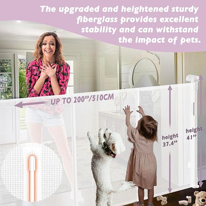 200" Retractable Baby Gates Extra Wide for Large Opening, 41" Extra Tall Retractable Dog Gate Pet Gates, Long Child Safety Mesh Gate with Fiberglass Rods for Stairs, Doorways, Hallways, Indoor/Outdoor-CubbioJoy