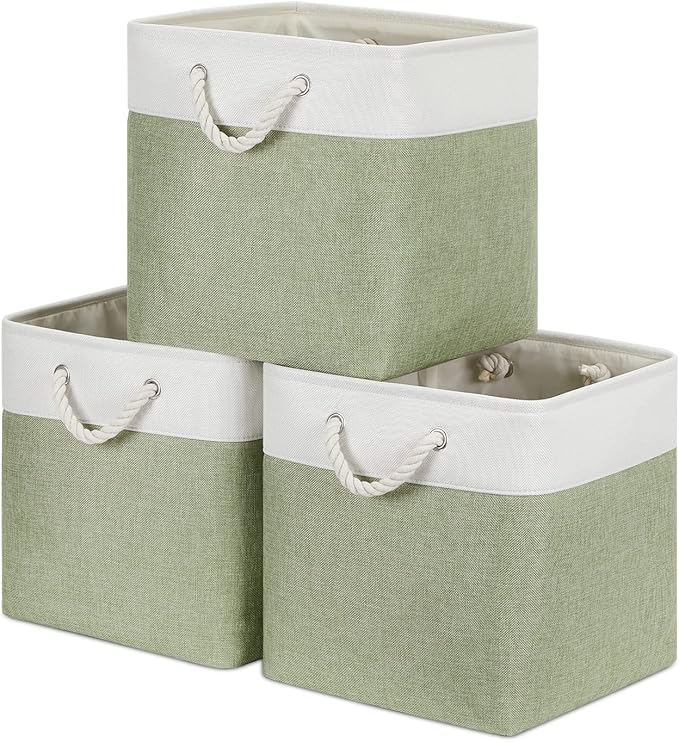 Bidtakay Cubby Storage Bins Set of 3 Fabric Baskets for Shelves Closet Drawer Organizer Storage Cubes 13x13 Collapsible Organization Baskets for Nursery Toy Shelf (White&green)-CubbioJoy